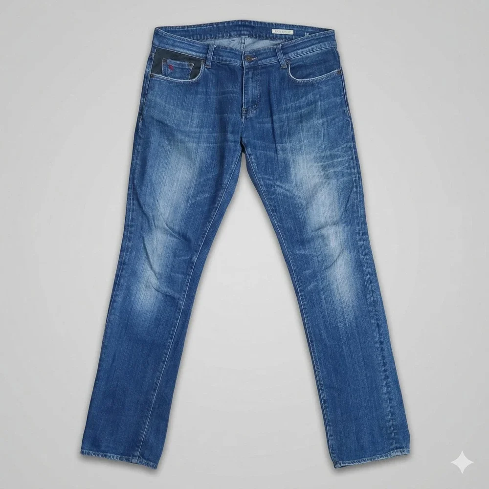 Polo Ralph Lauren Spencer Skinny‎ Mens 34x32 Blue Distressed Flag Denim Jeans